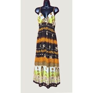 She's Cool Metamorphosis Tribal V-Neck Pullover Maxi Brown Dress Women Large